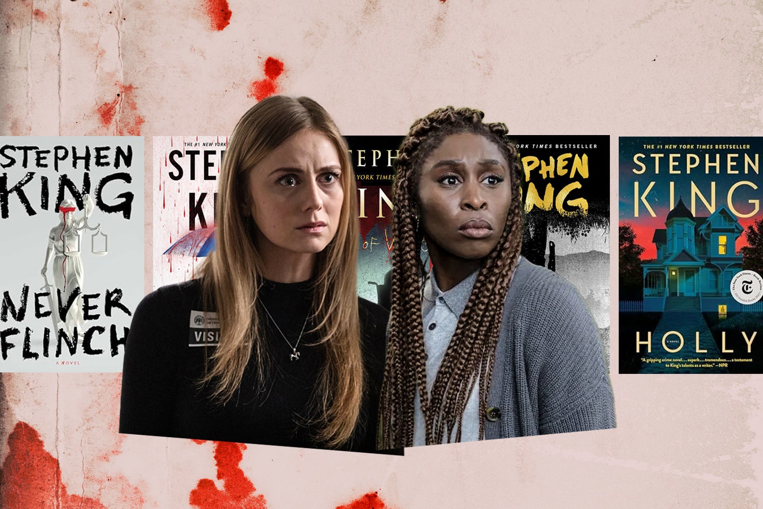 Two of the actresses who have played Holly in two series with the covers of some Holly books.