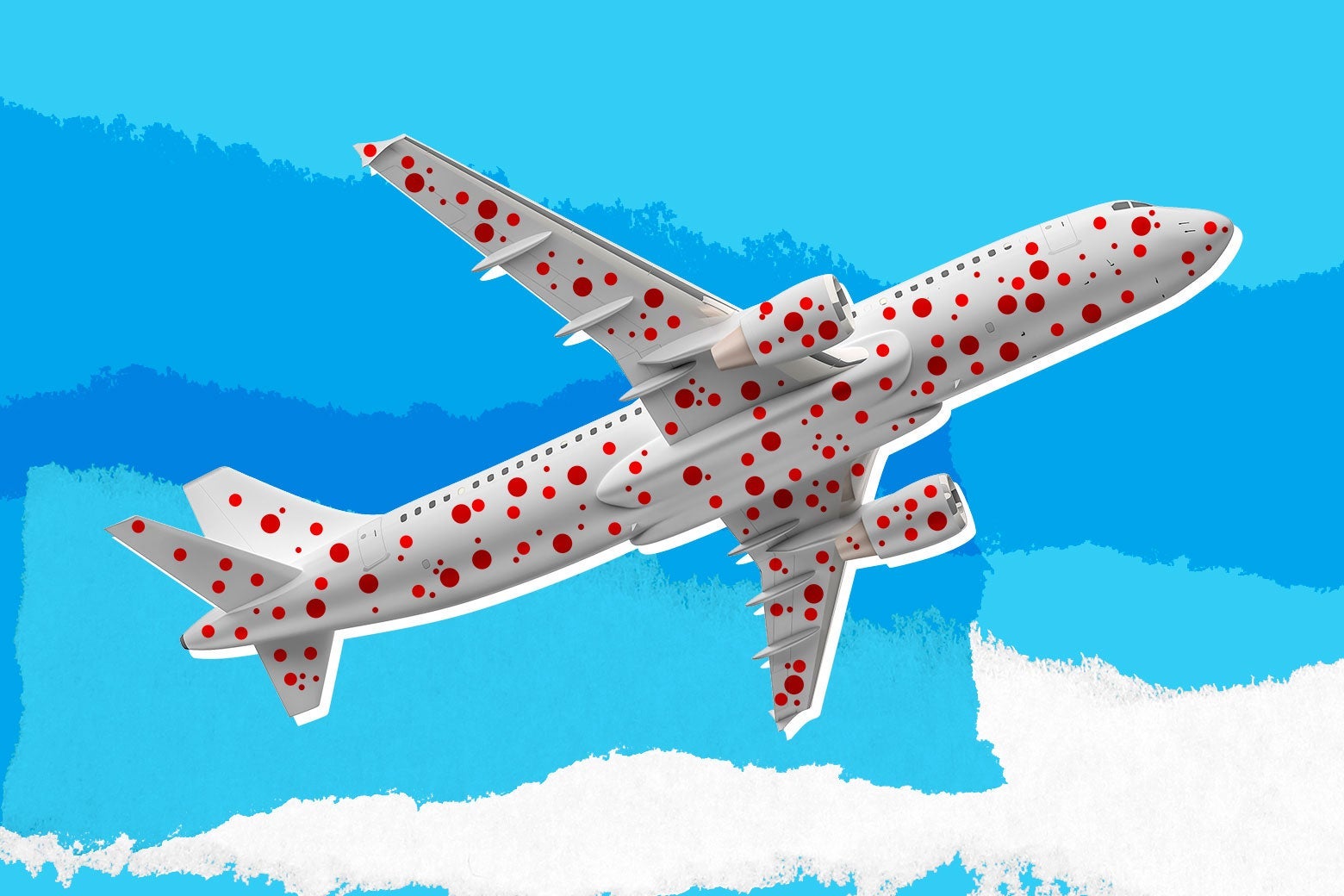 A plane covered in red spots as if it has measles.