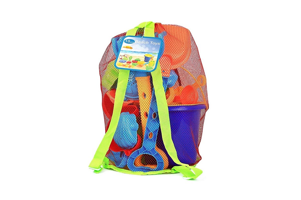 An 18-piece sand toy set in a mesh backpack.