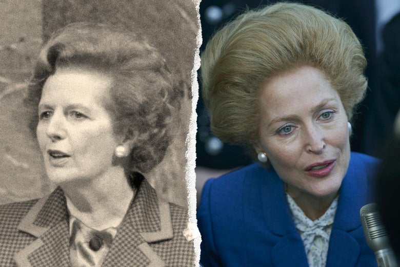 Margaret Thatcher, and Gillian Anderson as Thatcher in The Crown