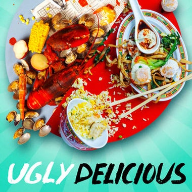 Title card for Ugly Delicious, featuring a plate of various foods.