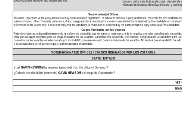 Text of California sample ballot question #1 on whether to recall Gavin Newsom.