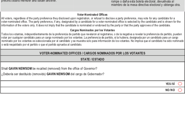Text of California sample ballot question #1 on whether to recall Gavin Newsom.