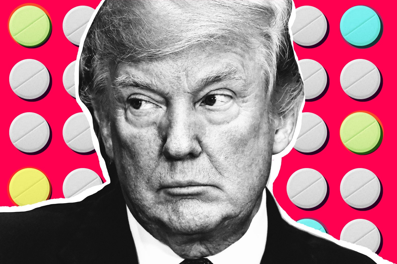 President Donald Trump against a background of pills.