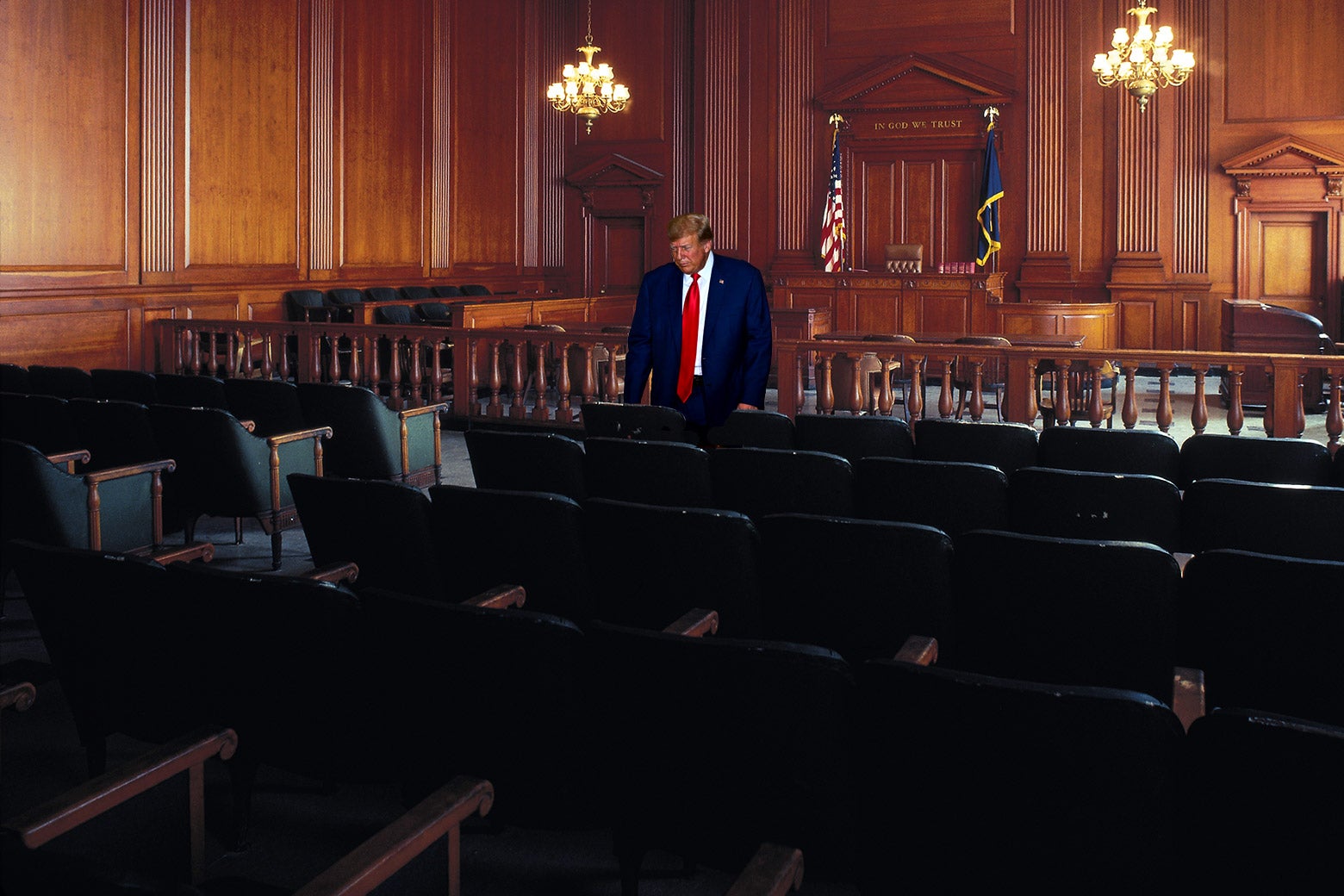 Donald Trump stands in an empty courtroom.
