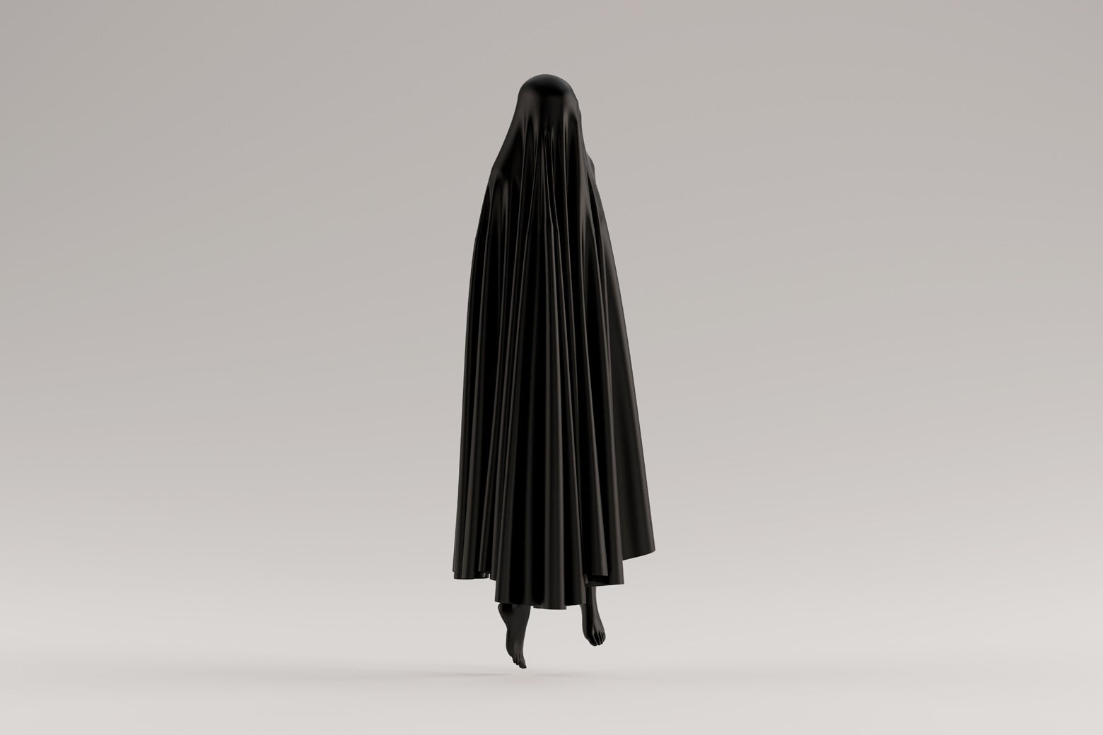 A levitating person is seen draped in a blank ghost sheet