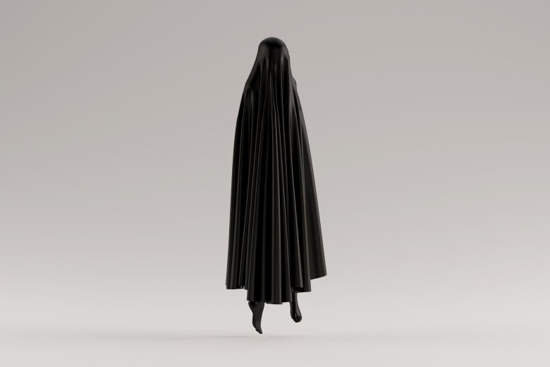 A levitating person is seen draped in a blank ghost sheet