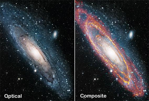 Side by side view of an optical and IR view of Andromeda