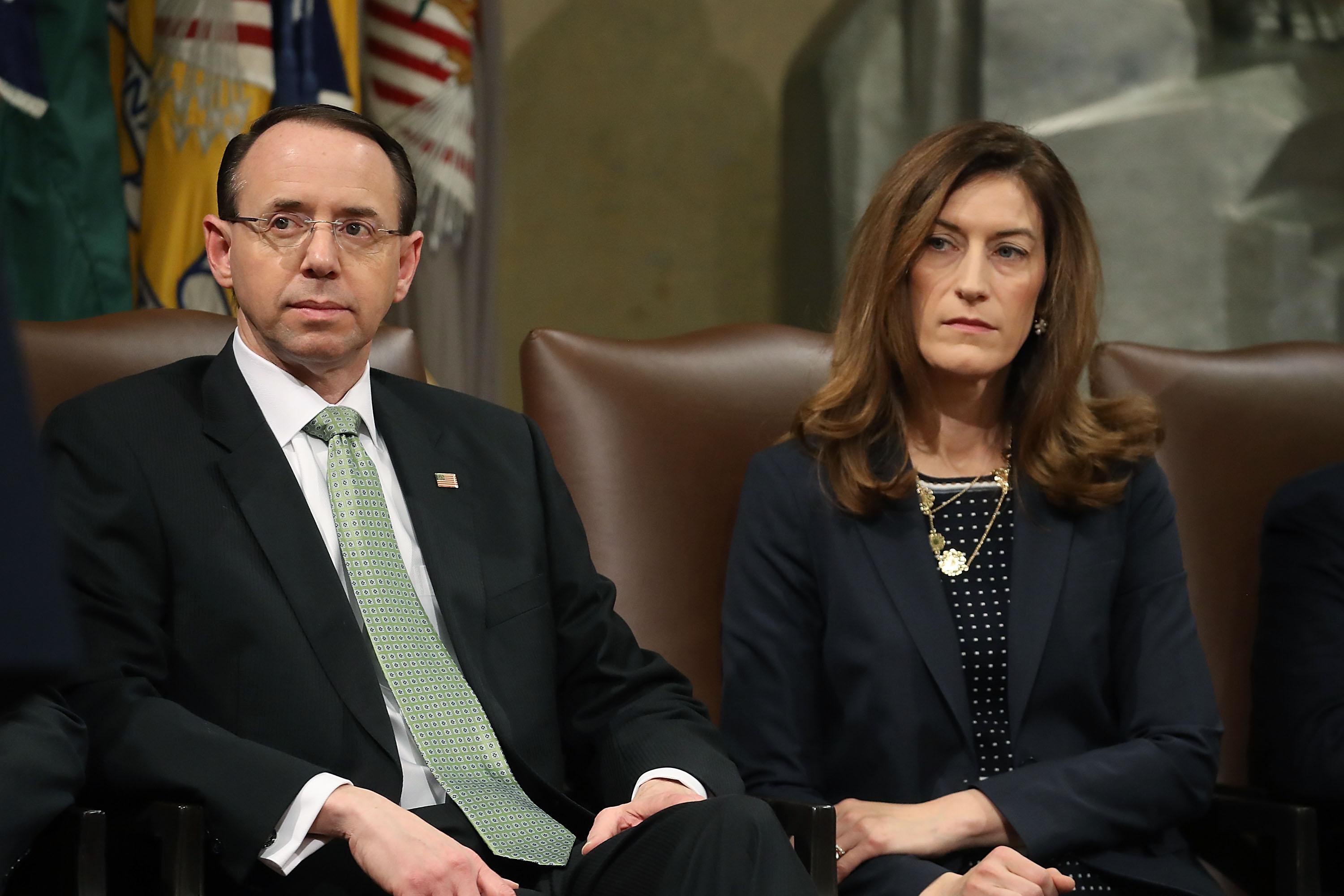 Rod Rosenstein and Rachel Brand participate in a summit to discuss efforts to combat human trafficking.