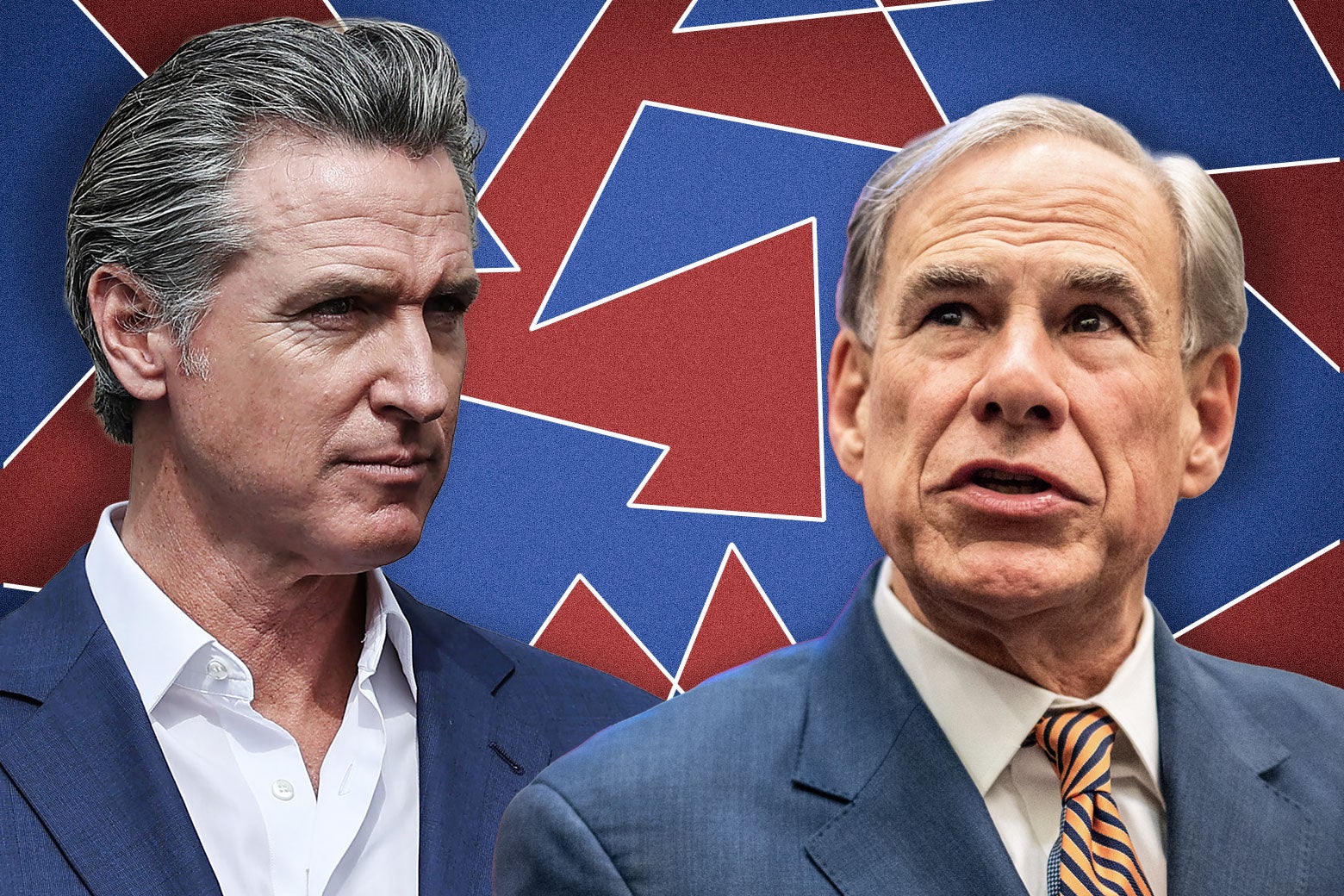 Gavin Newsom, na tle absurdalnie czerwono-niebieskich okręgów wyborczych, oraz Greg Abbott.