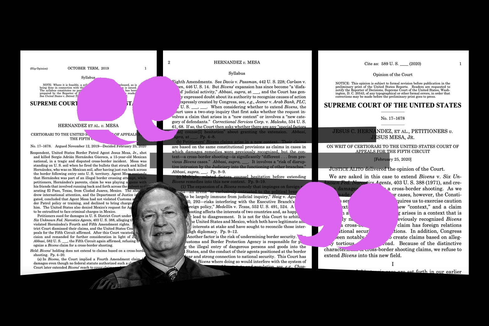 Stylized quotation marks and the faces of SCOTUS justices are superimposed over the text of the Hernandez v. Mesa decision.