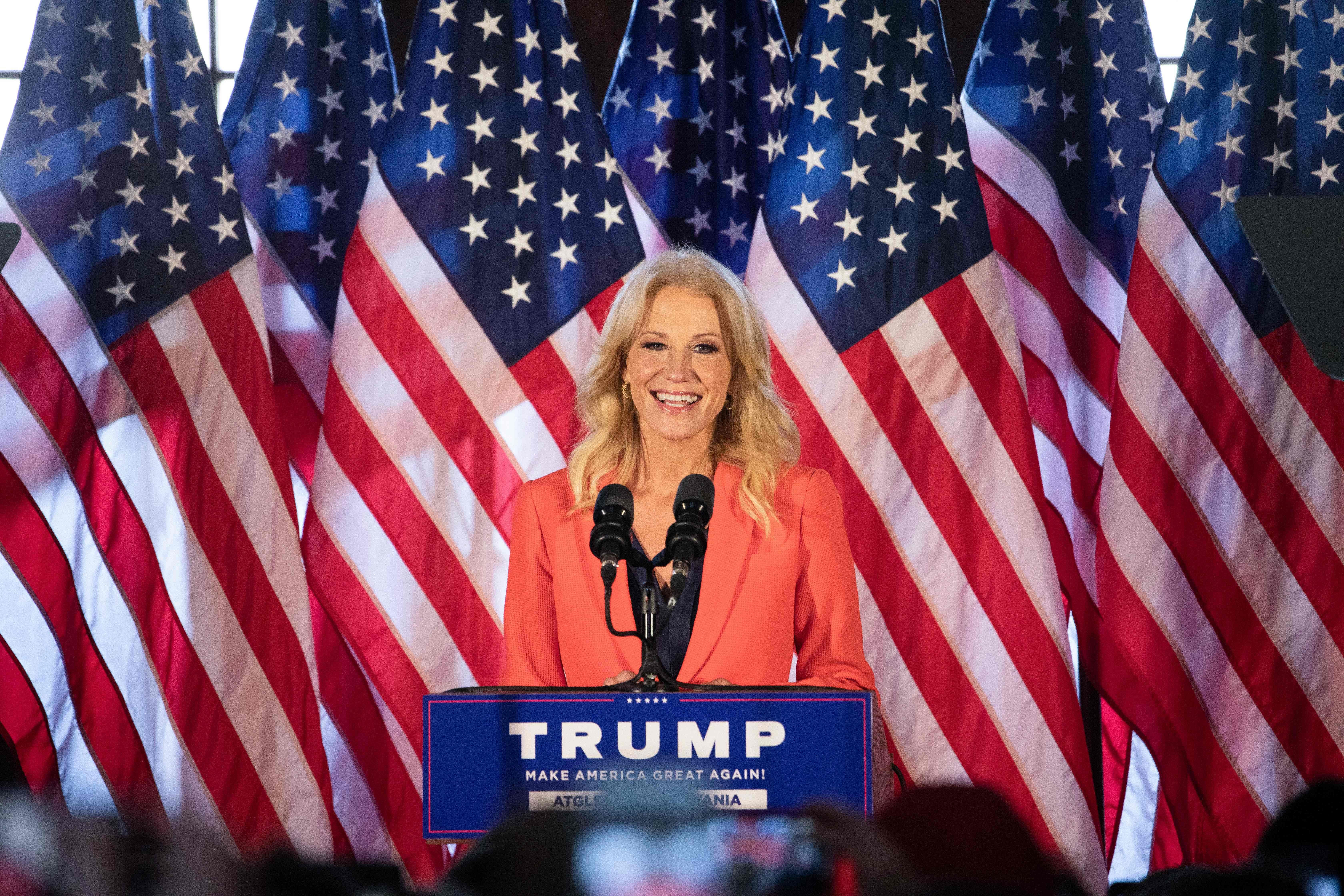 Former Counselor to the President of the United States Kellyanne Conway speaks to Trump supporters at a Make America Great Again event with First Lady Melania Trump in Atglen, Pennsylvania, on Oct. 27, 2020.