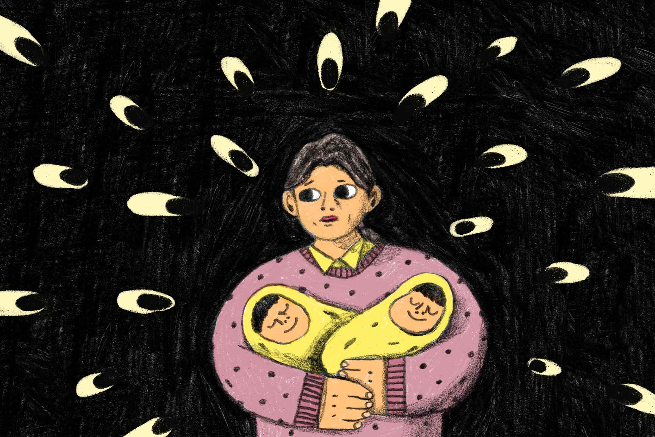 A mother holds her twin infants as several eyes peer through the darkness at her.