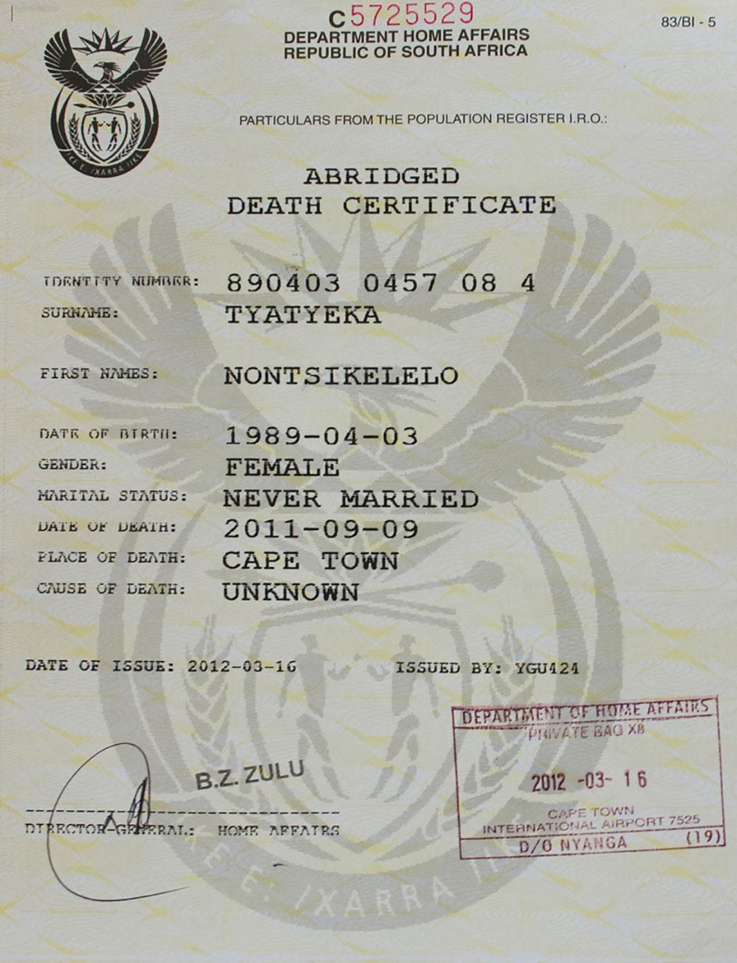 Ntisiki’s death certificate