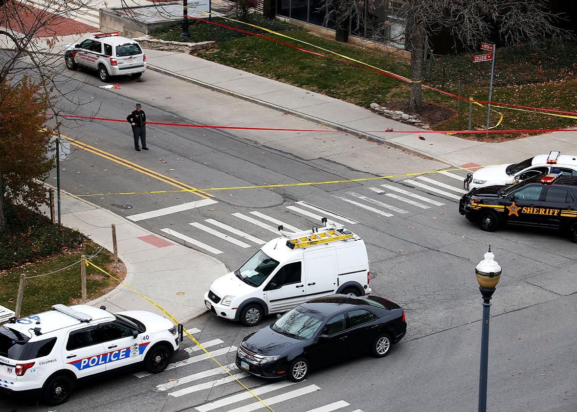 Police keep the roads closed around Watts Hall following an attack on the campus of the Ohio State University on November 28, 2016 in Columbus, Ohio. 