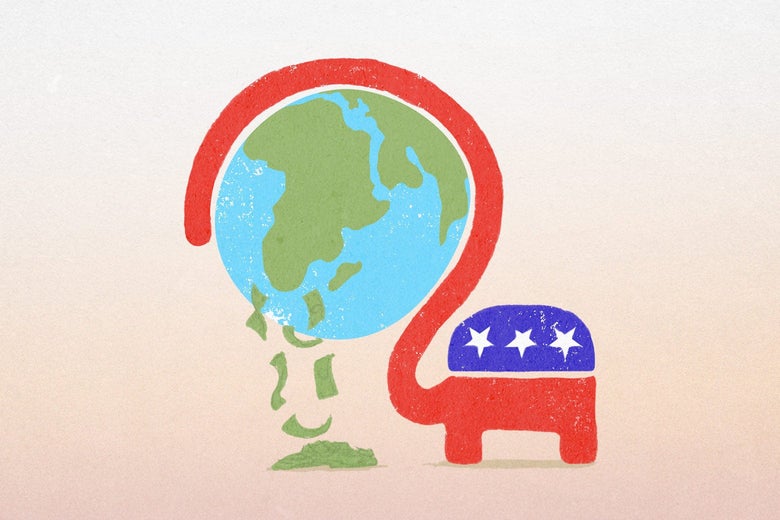 The red trunk of a GOP elephant is wrapped around a globe and shaking money from it.
