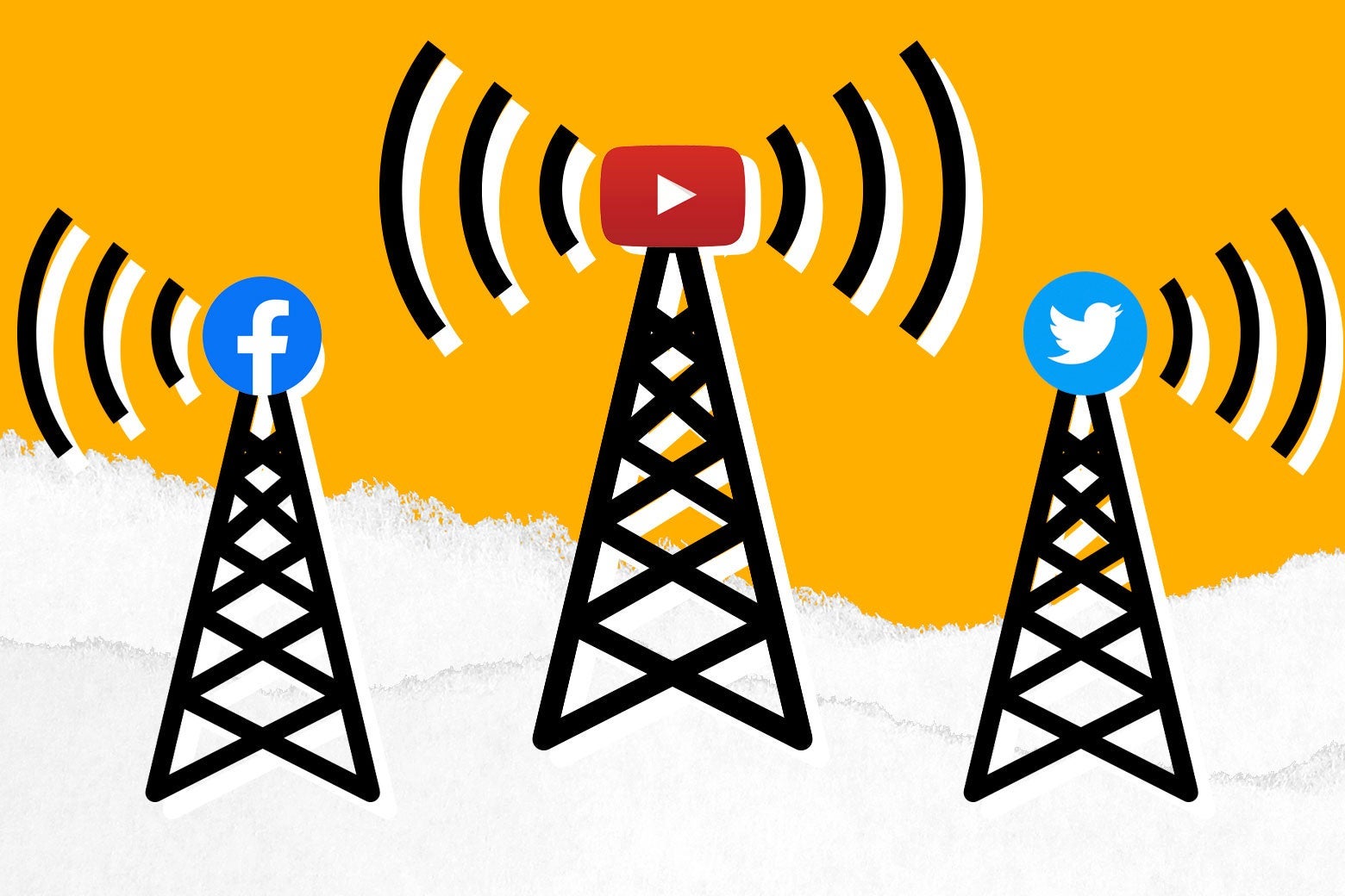 Radio towers with the corporate logos of Facebook, YouTube, and Twitter.