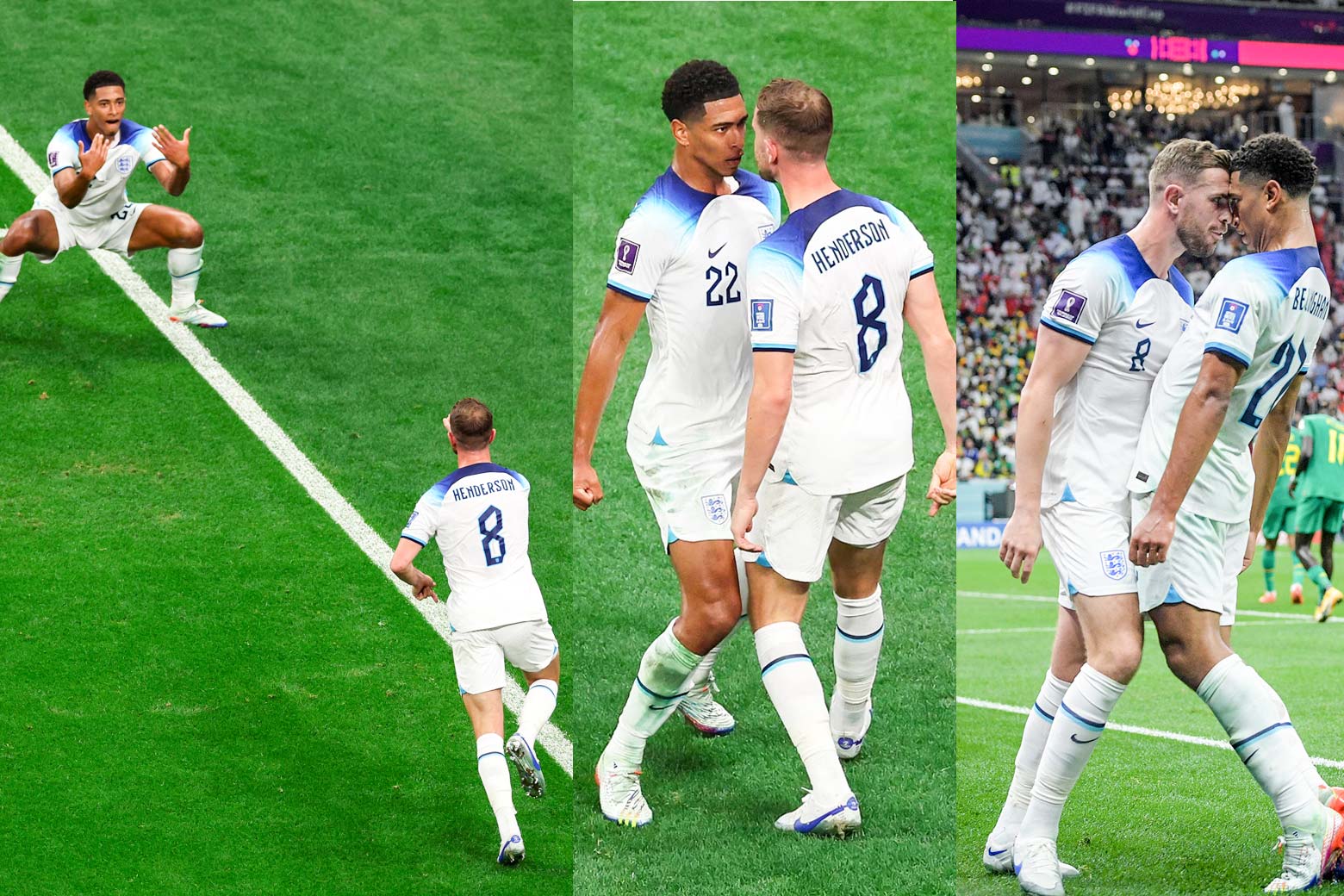 A collage of three images, from L-R: Jude Bellingham squats and gestures with his hands while Jordan Henderson runs toward him. Jude Bellingham and Jordan Henderson stand face to face. Jude Bellingham and Jordan Henderson press their bodies against one another, from forehead to knee. 