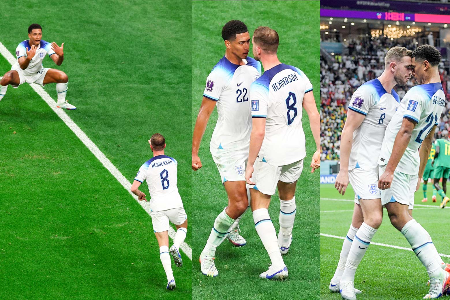 Un collage de trois images, de LR : Jude Bellingham s'accroupit et fait des gestes avec ses mains tandis que Jordan Henderson court vers lui.  Jude Bellingham et Jordan Henderson se font face.  Jude Bellingham et Jordan Henderson pressent leurs corps l'un contre l'autre, du front au genou. 