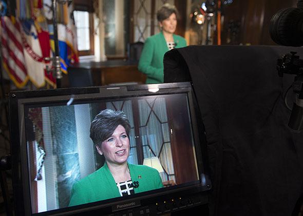 Iowa Sen. Joni Ernst rehearses the Republican Party’s response to President Obama’s State of the Union address on Capitol Hill in Washington, D.C., on Jan. 20, 2015