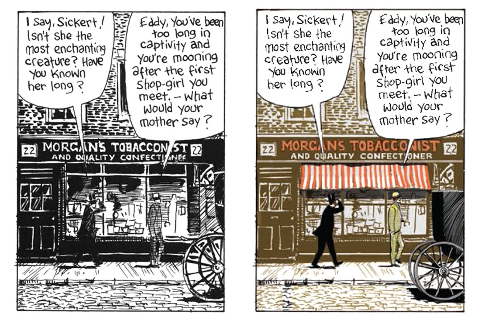Side by side images of black and white and colorized panels.