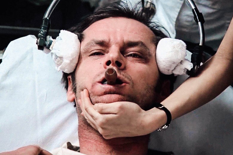 Still from One Flew Over the Cuckoo's Nest in which Jack Nicholson’s character receives eletroshock therapy.