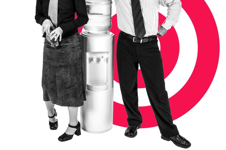 Two people stand on either side of a water cooler, with an illustrated target behind one person.