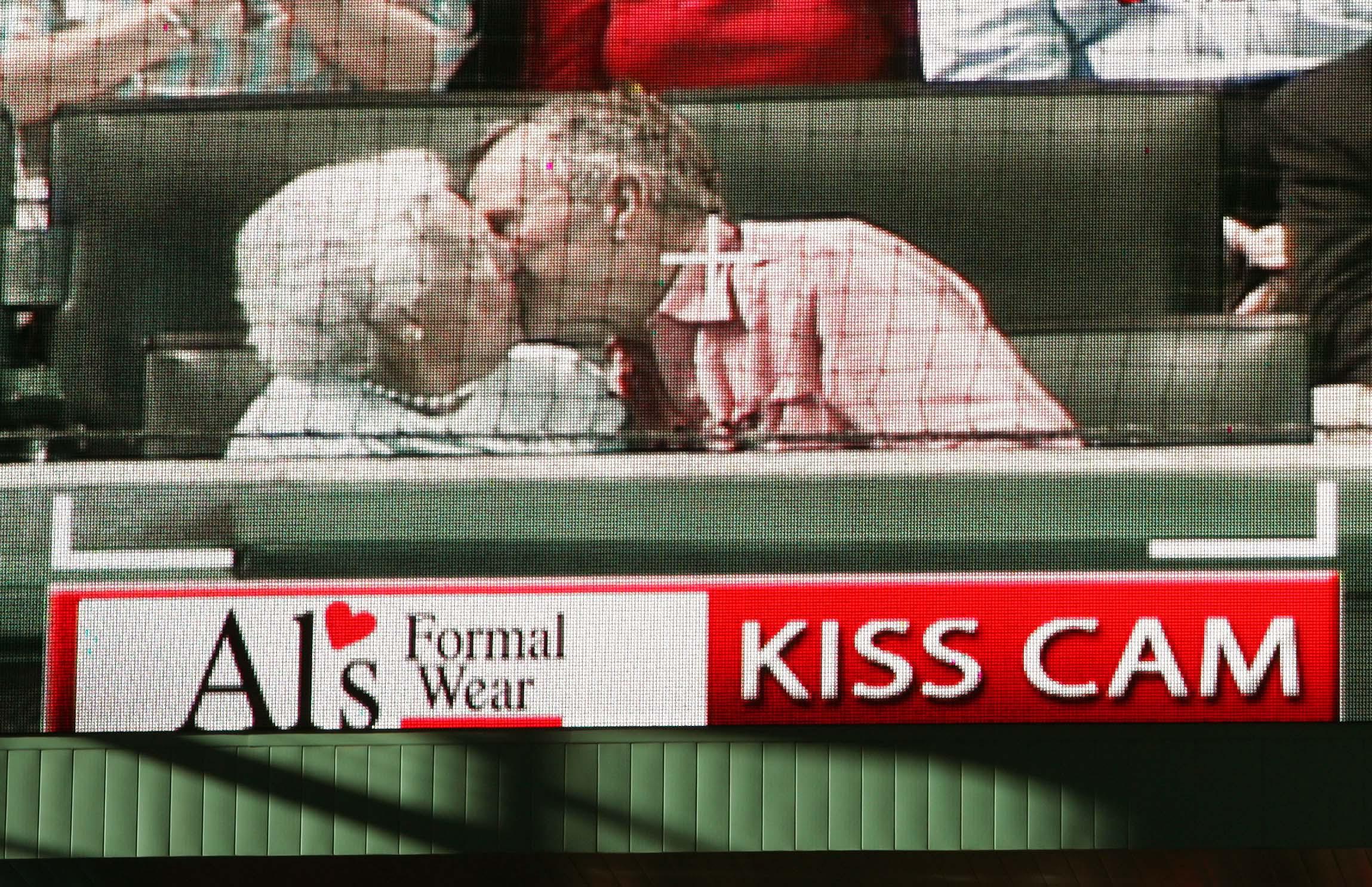 Former President George Bush and his wife, Barbara, caught on the Houston Astros kiss cam, Oct. 16, 2005.  