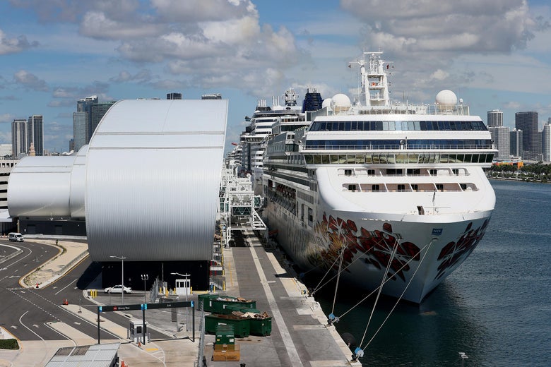 The Norwegian Gem, a cruise ship owned by Norwegian Cruise Line Holdings, is moored at PortMiami on August 9, 2021 in Miami, Florida.