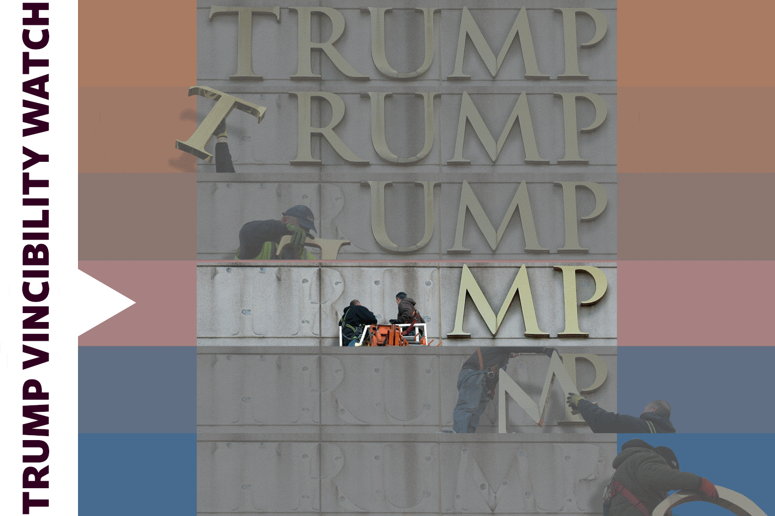 A "Trump Vincibility Watch" graphic of six rows containing the letters T-R-U-M-P. The row that is highlighted reads "MP."