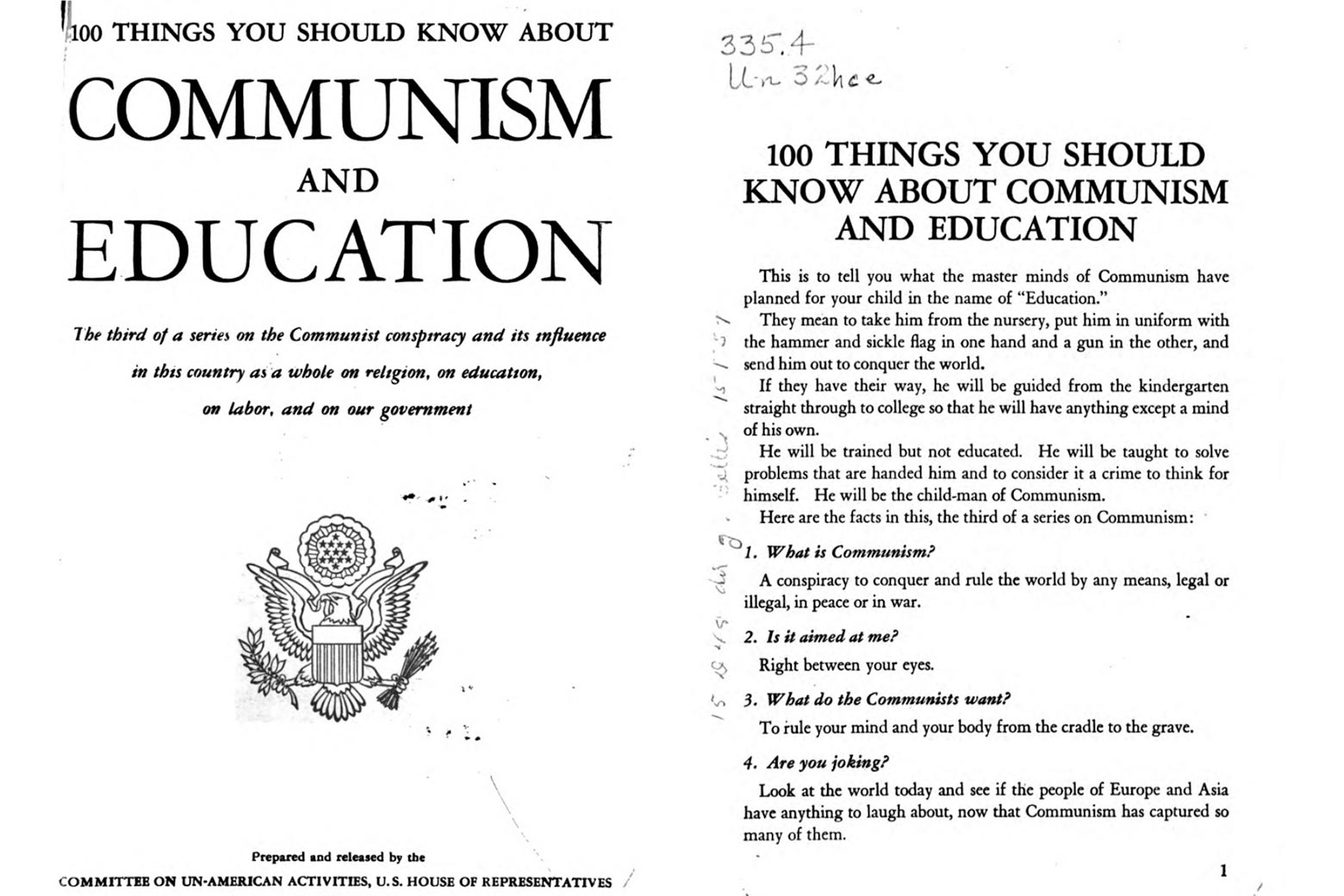 A pamphlet on "100 things you should know about communism and education."