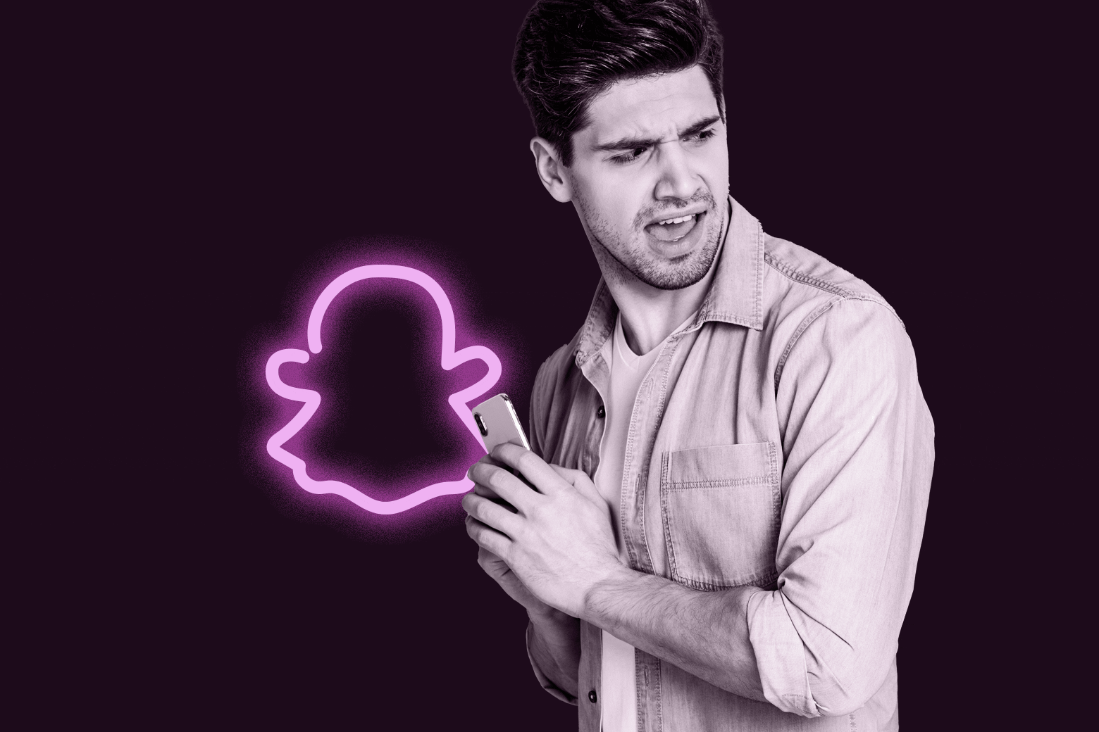Man guarding his phone, with the glowing Snapchat ghost logo in the background