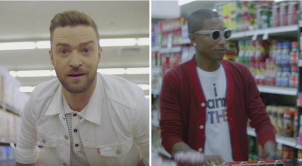 Stills from the videos for Justin Timberlake’s "Can't Stop the Feeling" and Pharrell's "Happy"