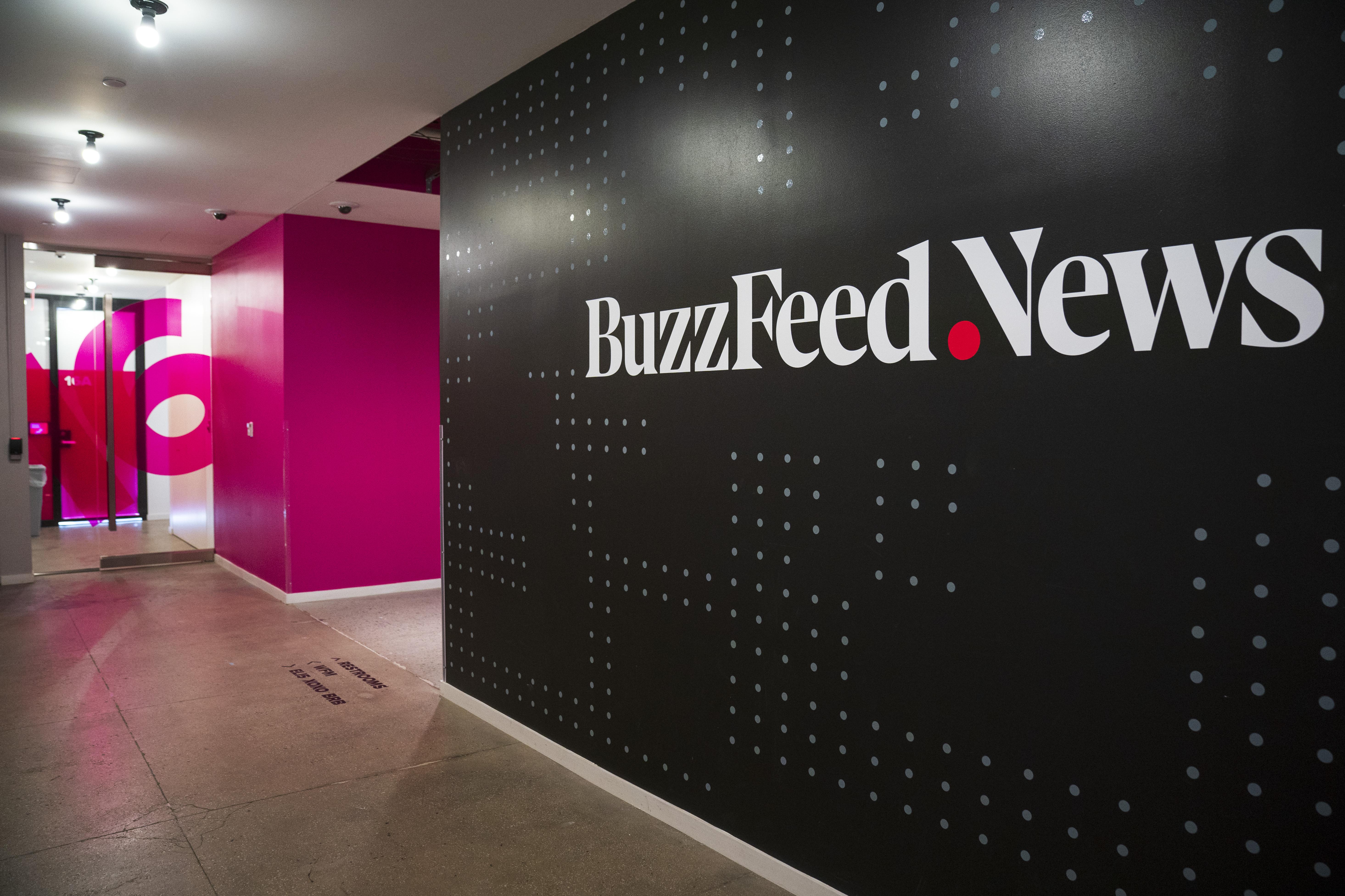 A BuzzFeed News logo adorns a wall inside BuzzFeed headquarters, December 11, 2018 in New York City. 