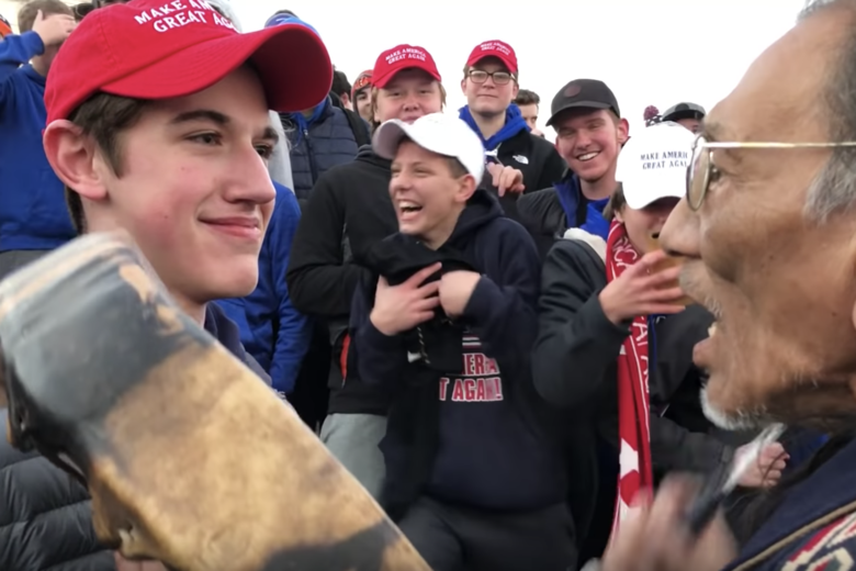 A screengrab from the viral video showing Nick Sandmann standing in front of veteran Nathan Phillips in Washington, D.C. on January 18, 2019.