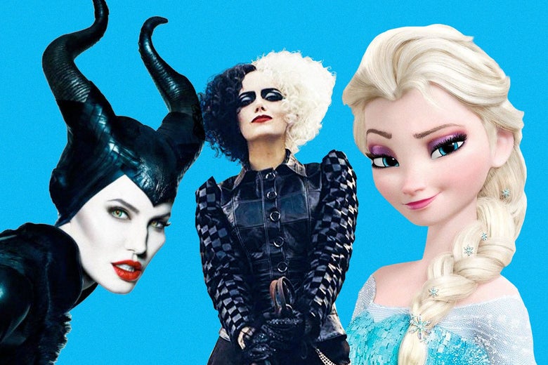 Collage of Angelina Jolie as Maleficent, Emma Stone as Cruella, and Frozen's Elsa.