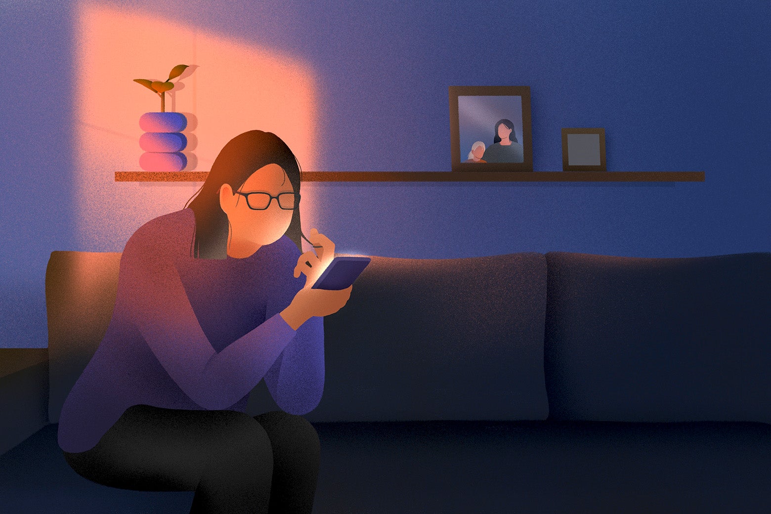 An illustration of a woman leaning pensively over a phone in a nice living room at twilight.