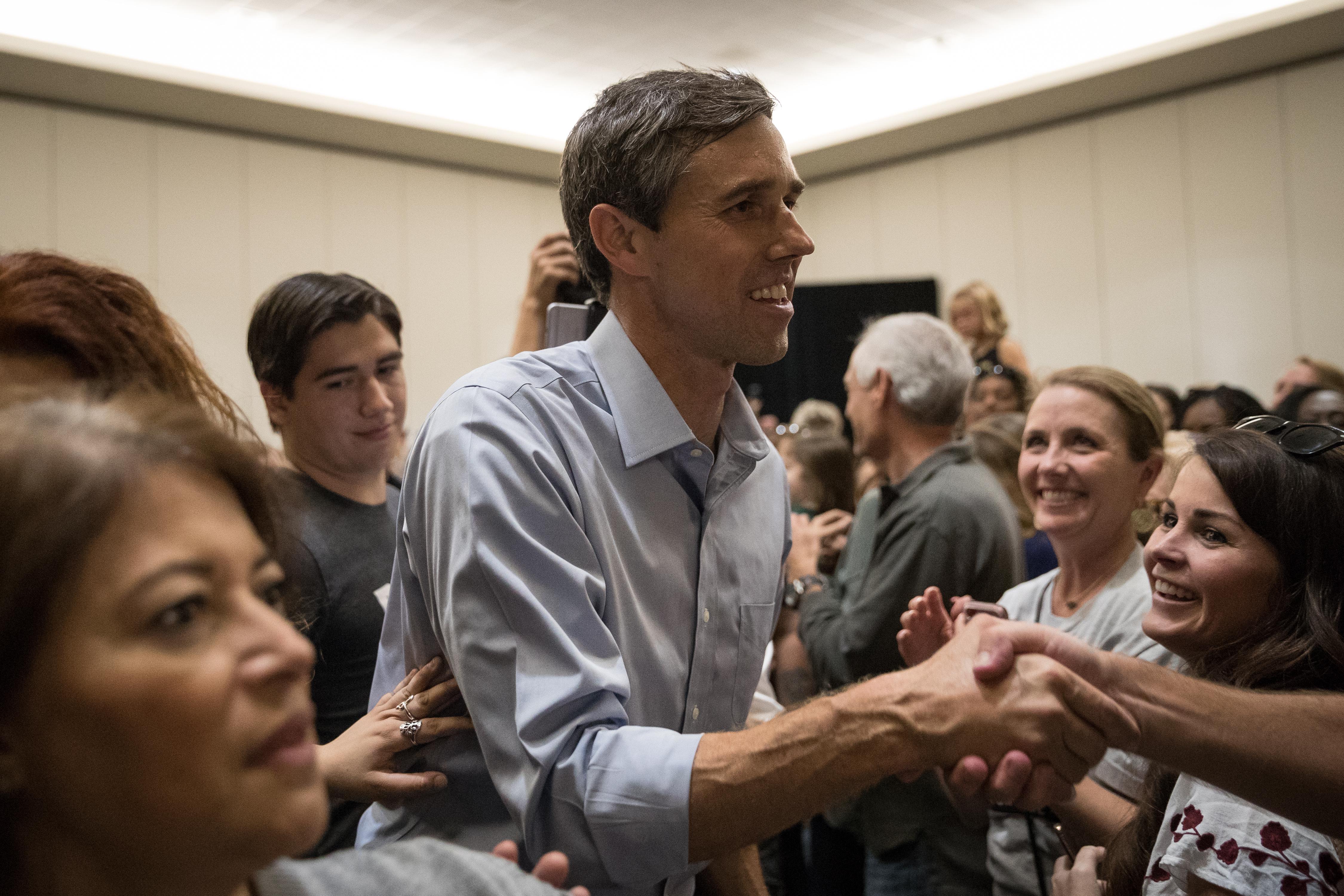 CONROE, TX - OCTOBER 21: Democratic Senate candidate Beto O'Rourke greets supporters at the conclusion of a campaign rally on October 21, 2018 in Conroe, Texas. O'Rourke is running against Sen. Ted Cruz (R-TX) in the midterm elections. (Photo by Loren Elliott/Getty Images)