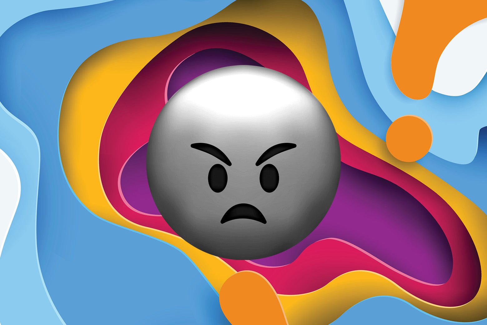 An enhanced angry emoji frowns against the colorful 