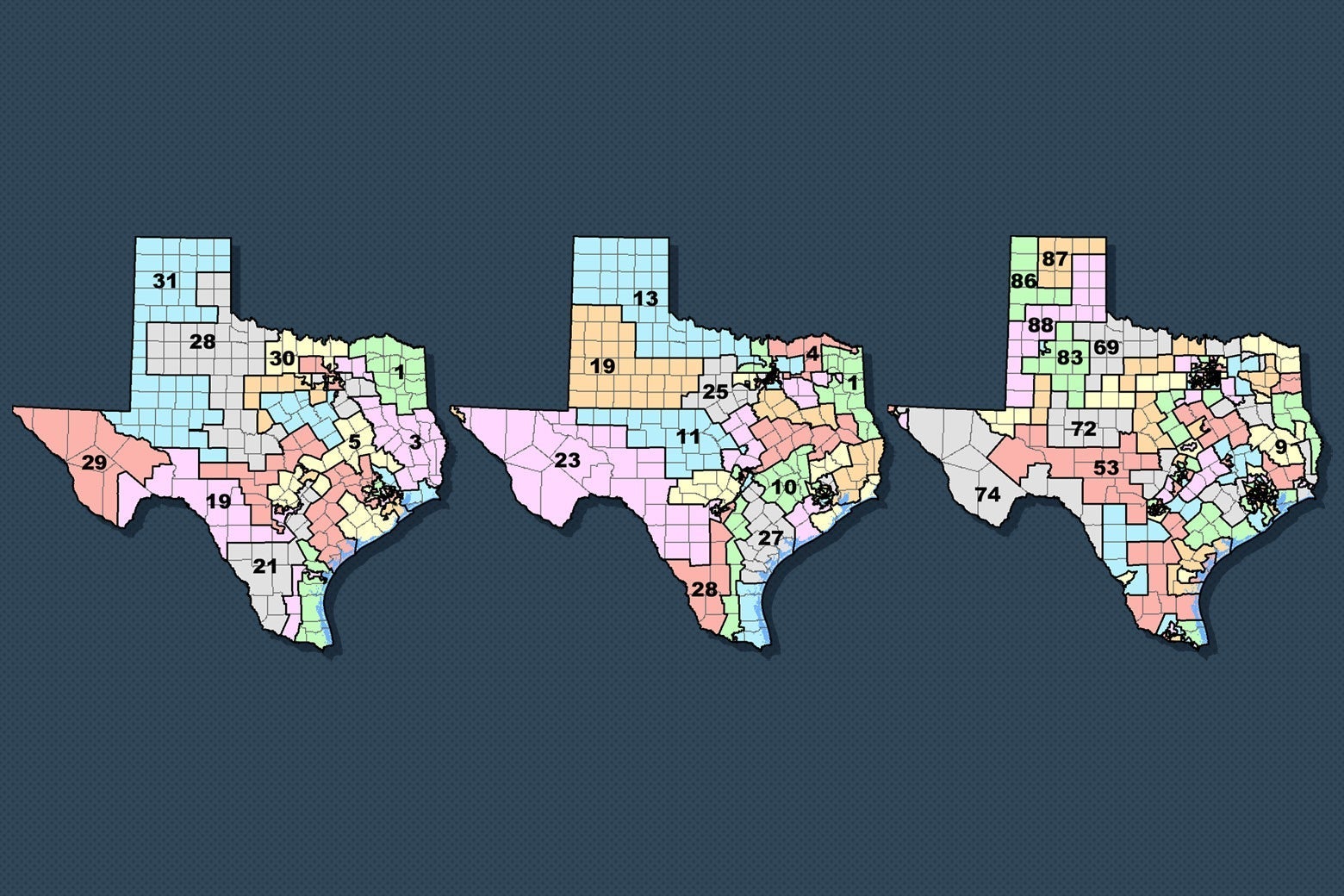 Three maps that show potential districts in Texas.