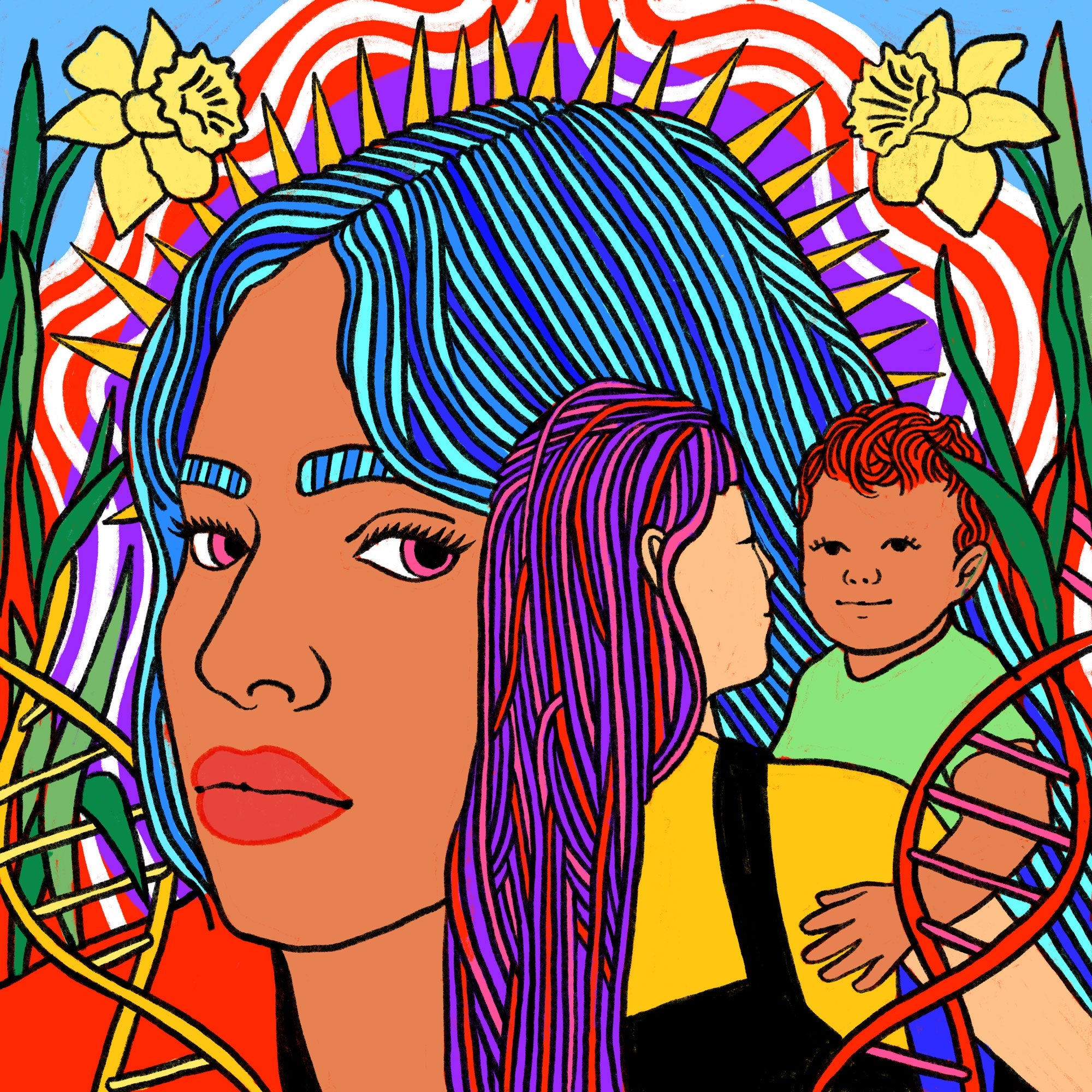 A woman with long hair looks over at another long-haired woman holding a small child. DNA helixes and flowers surround them.