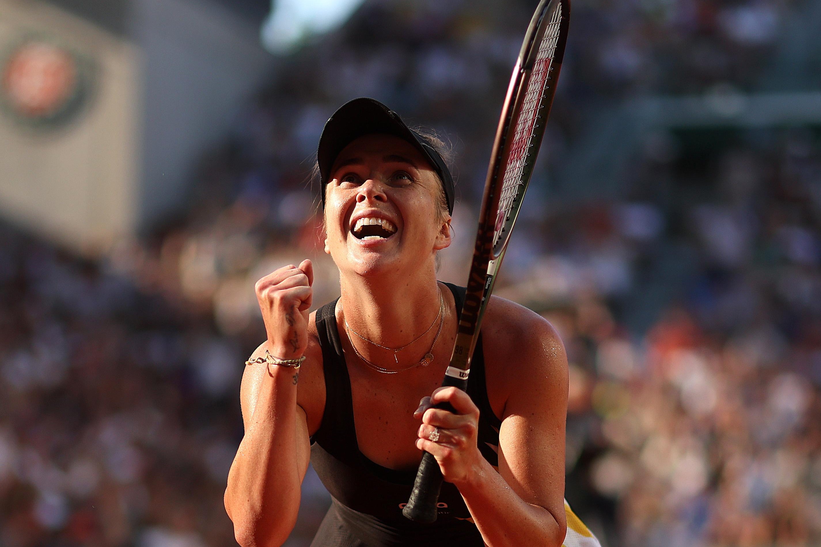 Elina Svitolina of Ukraine celebrates winning match point against Daria Kasatkina during the Women's Singles Fourth Round match on Day Eight of the 2023 French Open at Roland Garros on June 04, 2023 in Paris, France. 