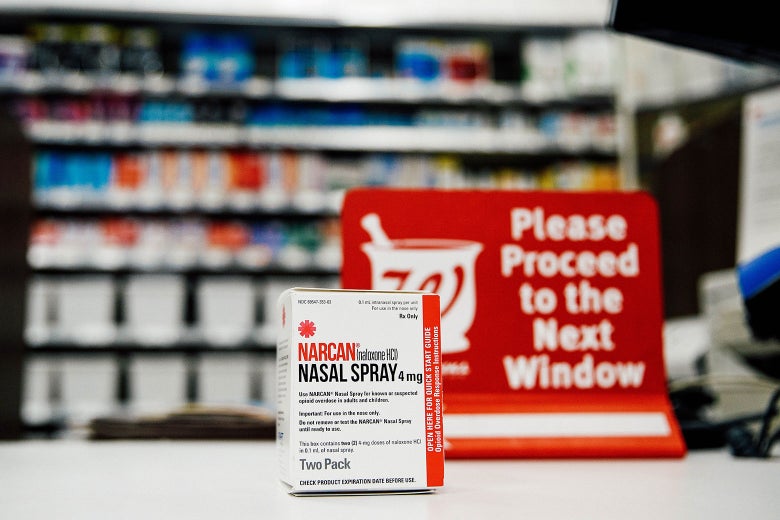 A package of Narcan nasal spray on a counter at a Walgreens.