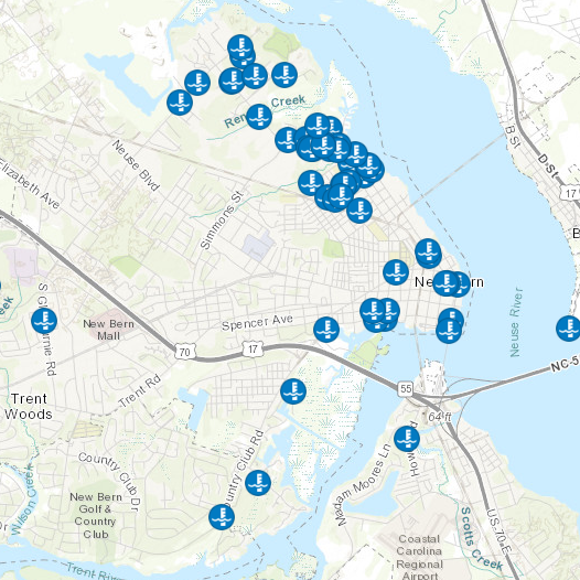 High water calls against a map of New Bern, North Carolina.