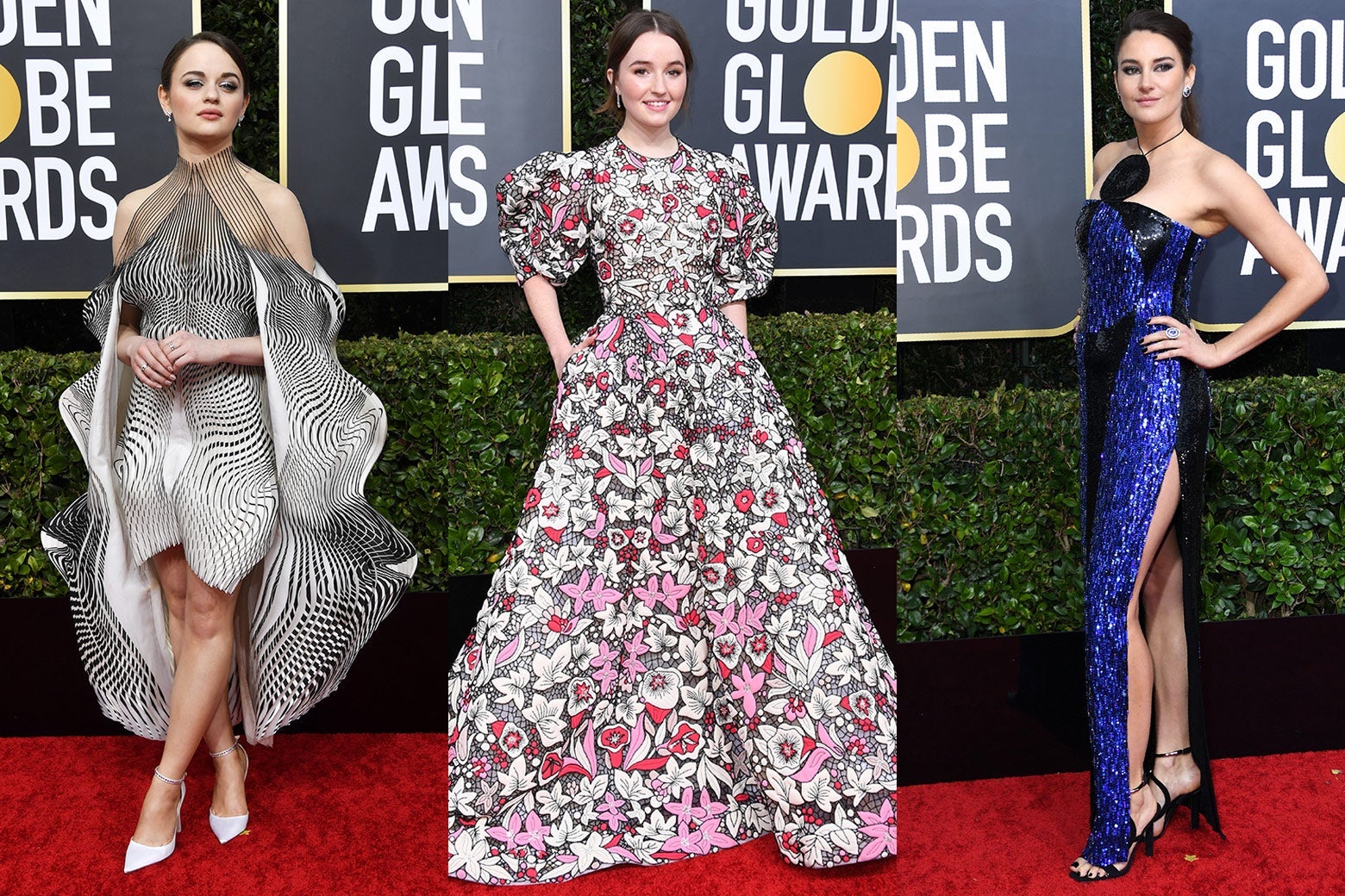 Joey King, Kaitlyn Dever, and Shailene Woodley pose on the 2020 Golden Globes red carpet.