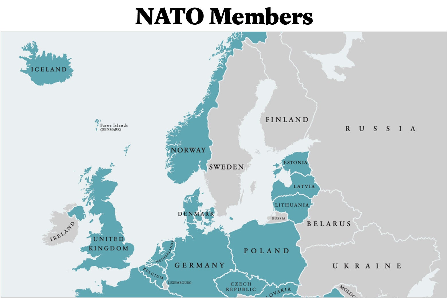 A map of Northern Europe with NATO member nations highlighted