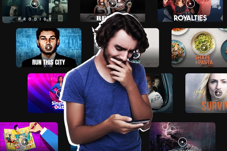 A man looks down at a phone with his hand to his mouth. In the background, video screens display shows including Run This City and Shape of Pasta.
