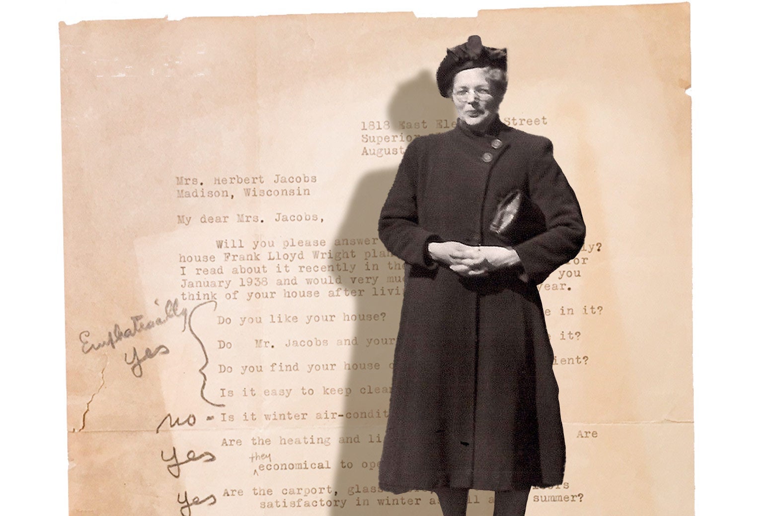Collage of Edith Carlson in front of one of her letters
