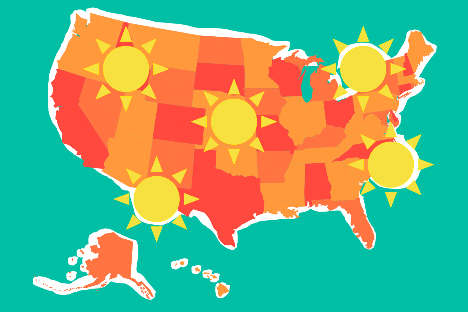 A stylized GIF of the United States with a heat-index color palette and blazing suns dotting the country to denote major heat and humidity.