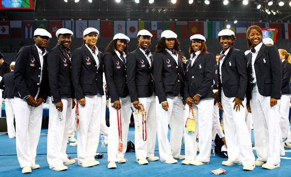 Athletes from the United States Olympic women's track and field team on the opening day of the Beijing 2008 Olympic Games on August 8, 2008 in Beijing, China.